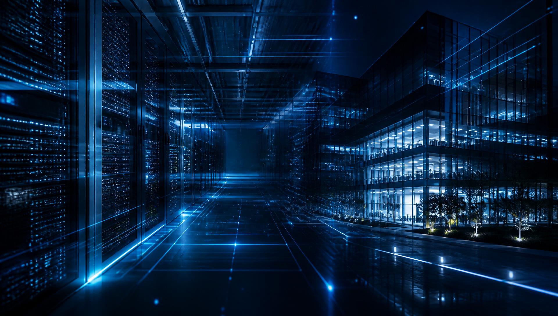 Illuminated data centre and smart commercial building at night